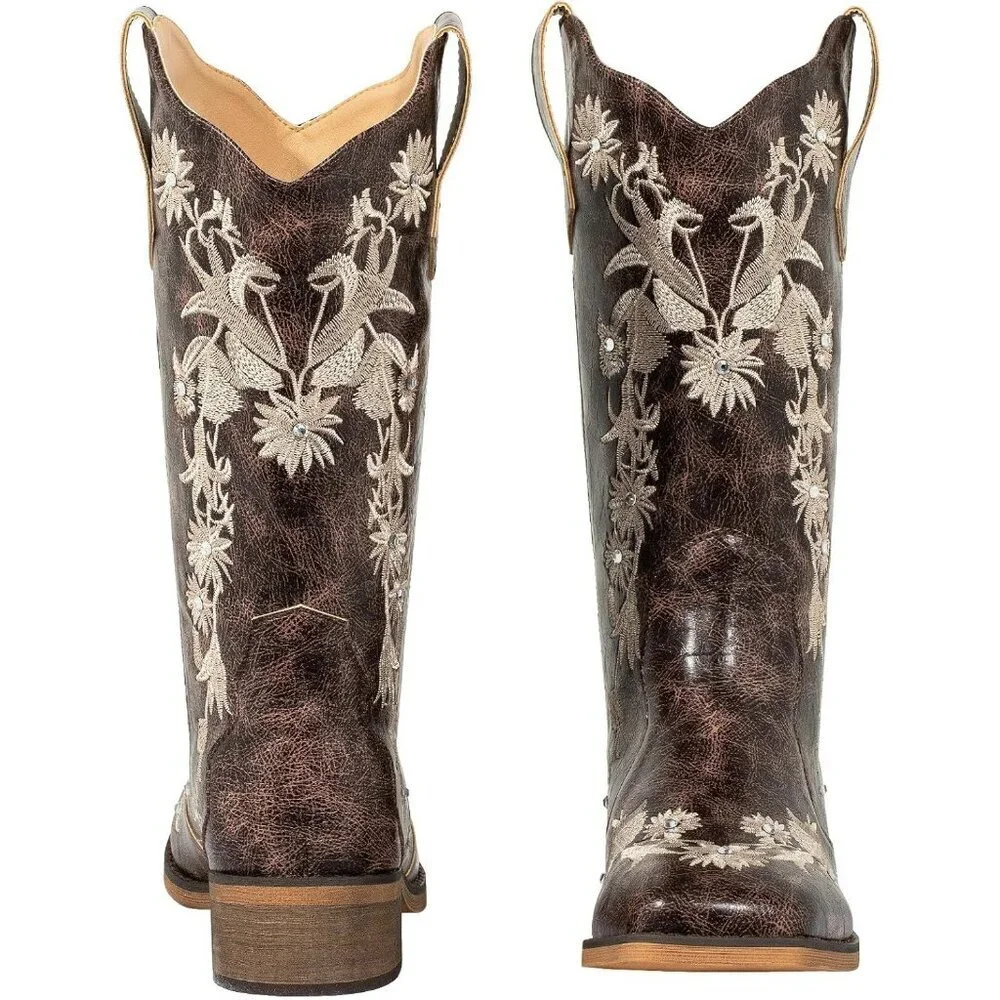 SheSole Womens Brown Ladies Cowgirl Boots Cowboy Mid Calf Square Toe - Picture 4 of 9